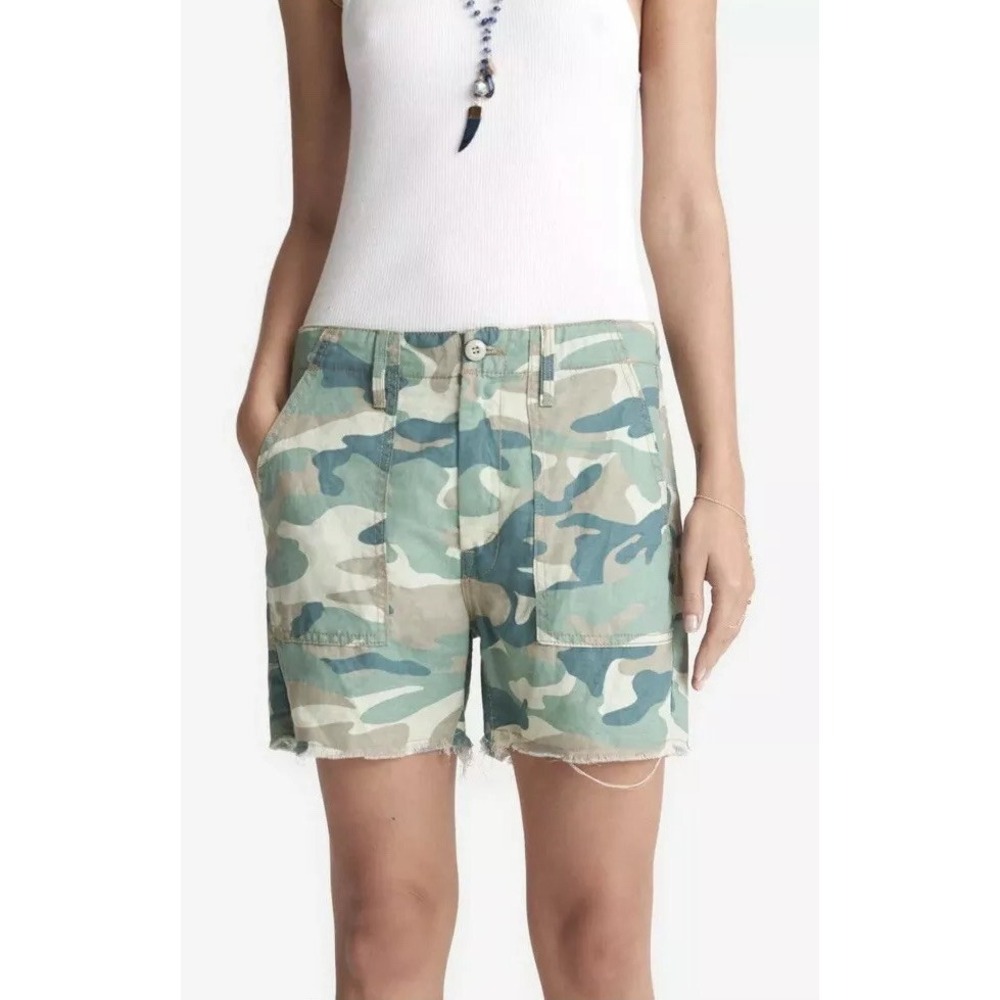 New MOTHER Jeans Shorts The‎ Shaker Camo High Rise Raw Edge Size 25 Green